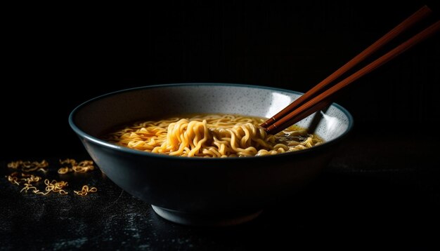 Fresh cooked noodle soup in yellow crockery generated by AI