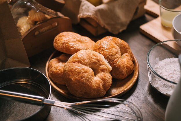 Fresh croissant bakery on wooden plate bakery homemade