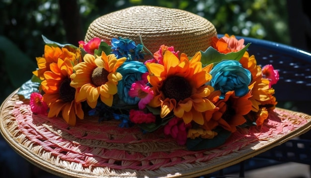 Free photo fresh flower head decoration in multi colored straw hat generated by ai