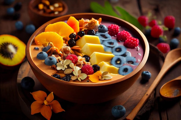 Free Photo fresh fruit bowl on rustic wood table generative ai