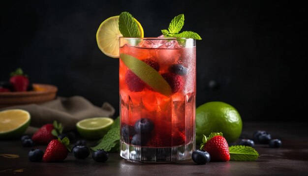 Fresh fruit cocktail with lime mint leaf and citrus slice generated by artificial intelligence