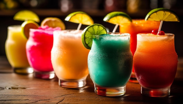 Free photo fresh fruit cocktails in multi colored glasses generated by ai