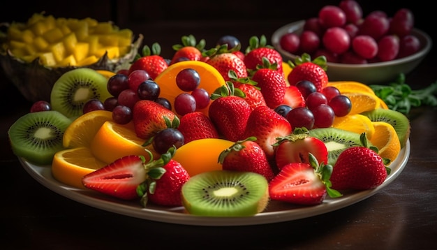 Fresh fruit salad with juicy berries and kiwi generated by AI