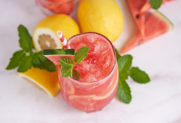 Fresh fruit smoothies, Homemade watermelon lemonade, portrait of summer fresh fruit drink.