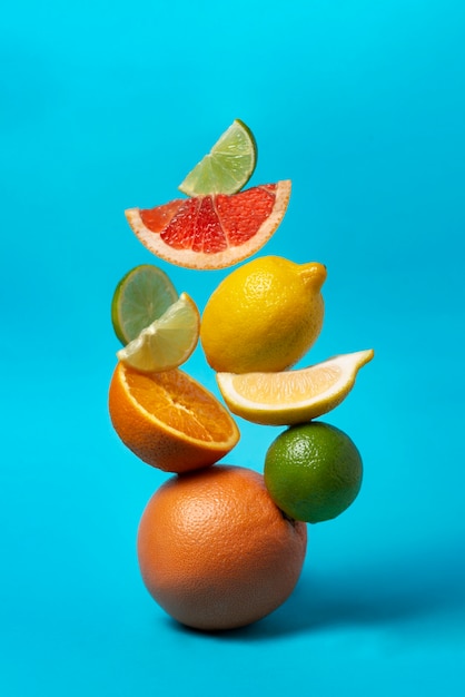 Fresh fruits arrangement with blue background