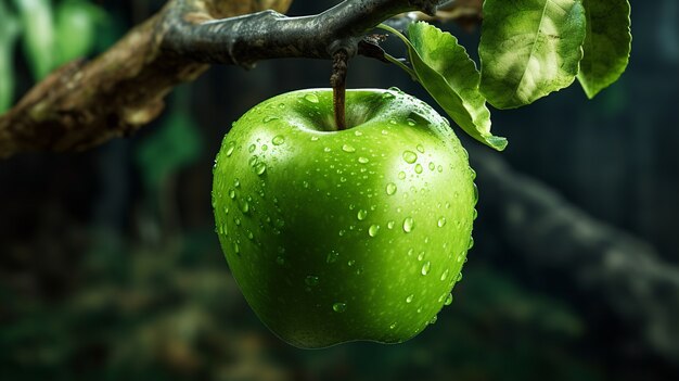 Fresh green apple with water drops