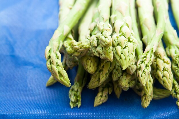 Fresh green asparagus tips on blue background