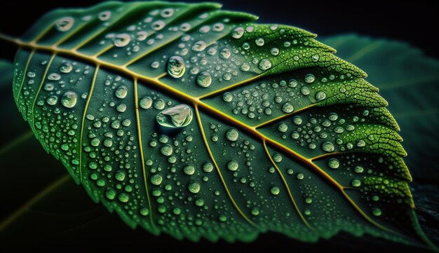 Fresh green leaf with dew drops close up generated by AI