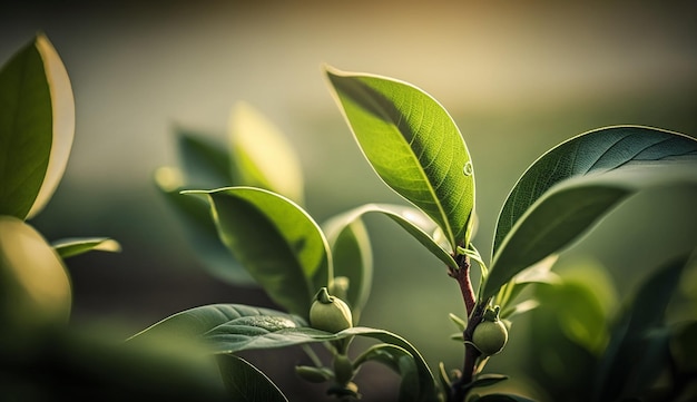 Fresh green leaves on a branch close up generated by AI