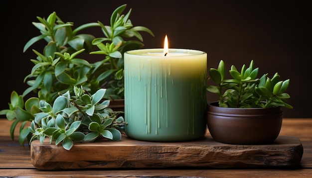 Fresh green plant leaf on wooden table candle flame flickers generated by artificial intelligence