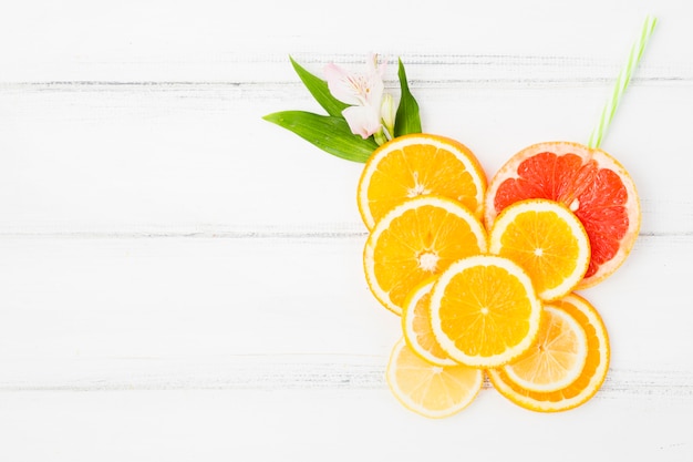 Free photo fresh green plant leaves and slices of citruses with flower