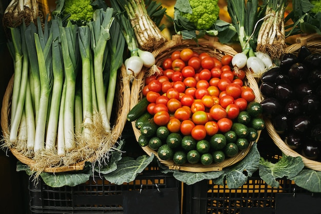 Fresh harvest in basket beautifully presented outside on market for sale