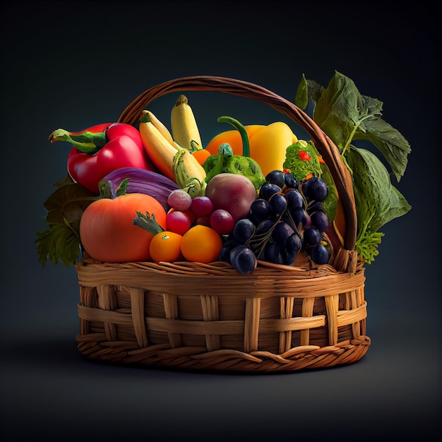 Fresh and healthy fruits in straw basket generative AI