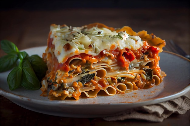 Fresh homemade lasagna and leafs on plate generative AI