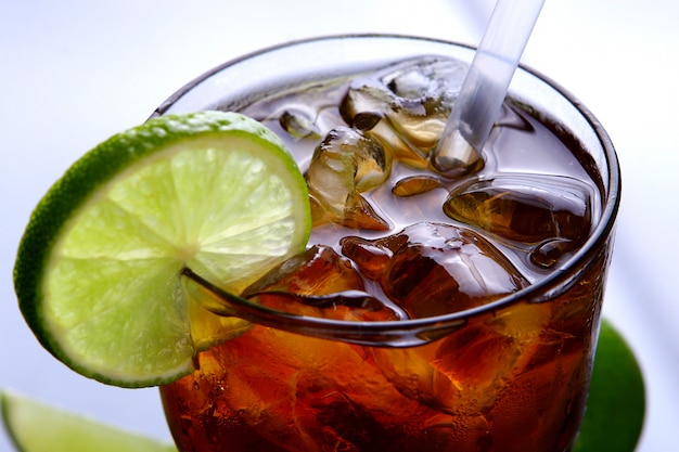 Fresh ice tea glass with lime