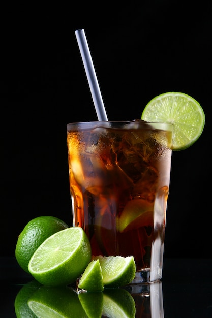 Fresh ice tea glass with lime