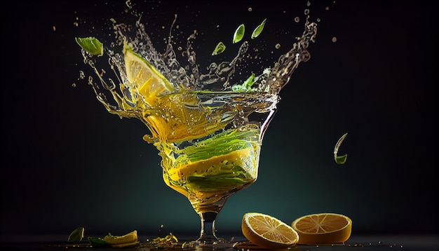 Free Photo fresh lemon cocktail splashing on black background generative ai