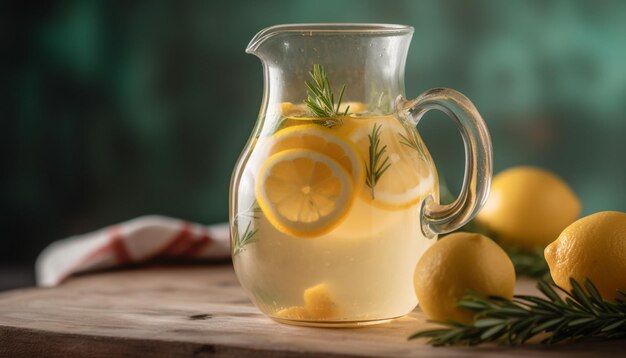 Fresh lemonade in a rustic wooden jug generative AI