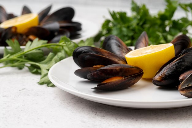 Fresh mediterranean mussels on plate