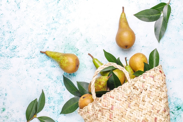 Fresh organic farm fruits, pears, quince, top view