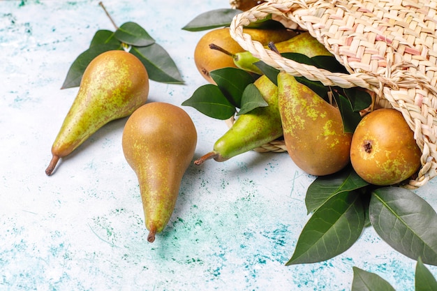 Fresh organic farm fruits, pears, quince, top view