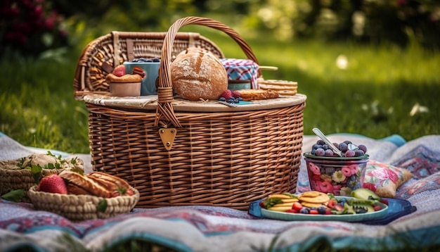 Fresh organic fruit and bread for picnic meal generated by AI