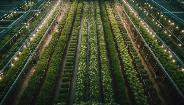 Fresh organic growth in greenhouse illuminated by yellow generated by AI