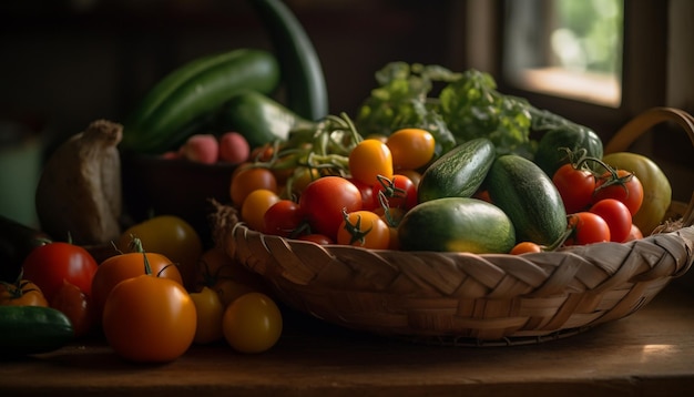 Fresh organic vegetables in wicker basket indoors generated by AI