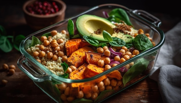 Fresh organic vegetarian salad with grilled meat generated by AI