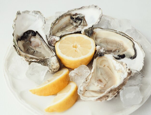 fresh oyster with lemon on a plate