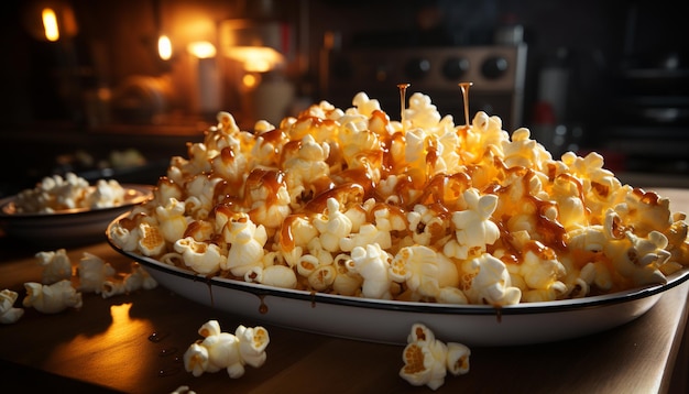 Fresh popcorn in a yellow bowl perfect movie snack generated by artificial intelligence