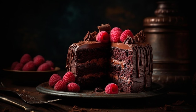 Fresh raspberry chocolate brownie on rustic wood plate generated by AI