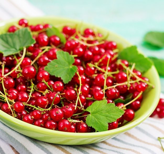 Fresh red currant in a bowl on a wooden table