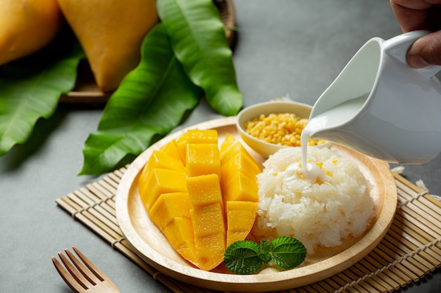 Fresh ripe mango and sticky rice with coconut milk on dark surface