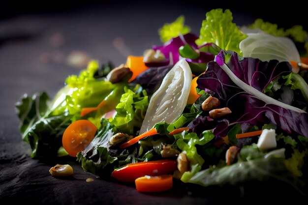 Fresh salad with healthy vegetables on wooden table generative AI