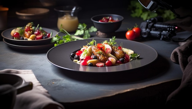 Fresh salad with organic vegetables and black olives generated by AI