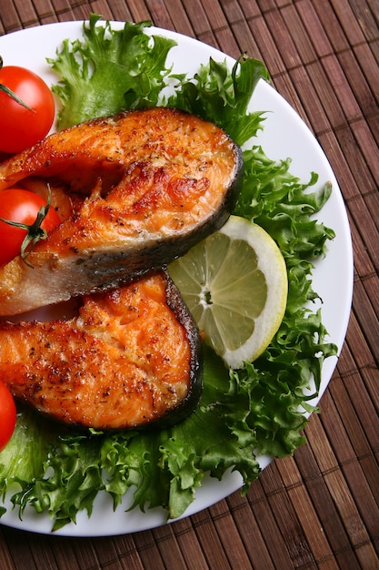 Fresh salmon garnish with salad