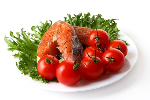 Fresh salmon garnish with salad