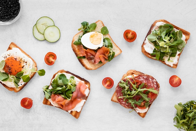 Fresh sandwiches assortment on white background