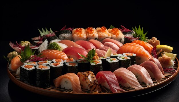 Fresh seafood meal sashimi nigiri maki sushi and California roll generated by AI