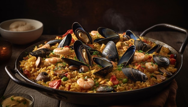 Fresh seafood paella cooked to gourmet perfection generated by AI