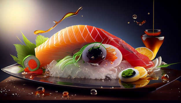 Free photo fresh seafood sashimi plate lunch with vegetable salad generative ai