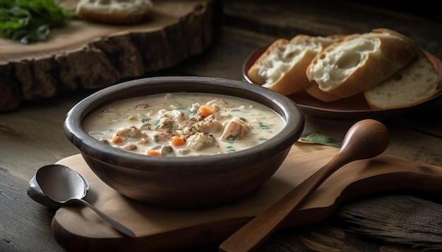 Fresh soup spooned into rustic wooden bowl generated by AI