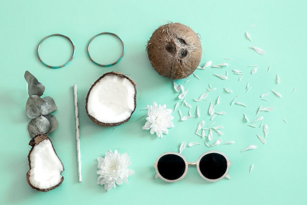 Free Photo fresh split coconut on a blue background.