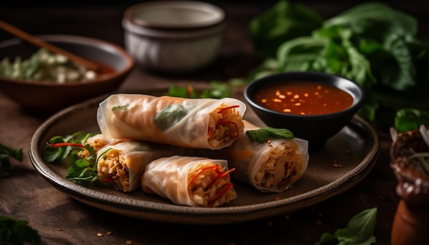 Free Photo fresh spring roll with pork beef and vegetables homemade sauce generated by ai