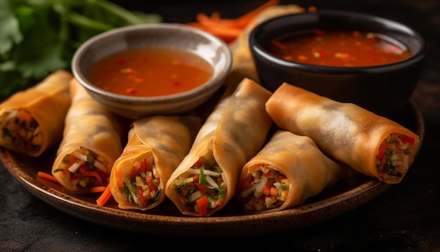 Free Photo fresh spring rolls with pork and vegetables served with sauce generated by ai