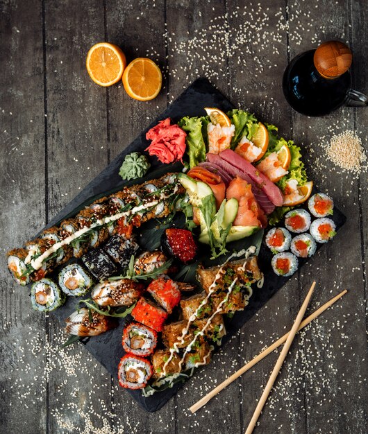 Fresh sushi set on the table top view