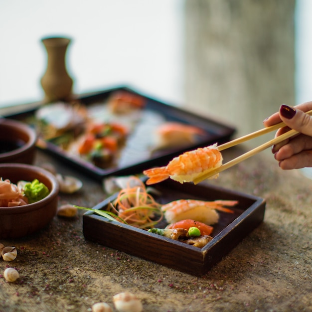 Fresh sushi with shrimps and vegetables