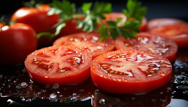 Free Photo fresh tomato slice on a black background healthy vegetarian snack generated by artificial intelligence