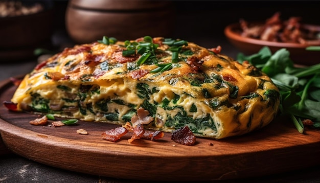 Fresh vegetarian meal on wooden plate with herbs generated by AI